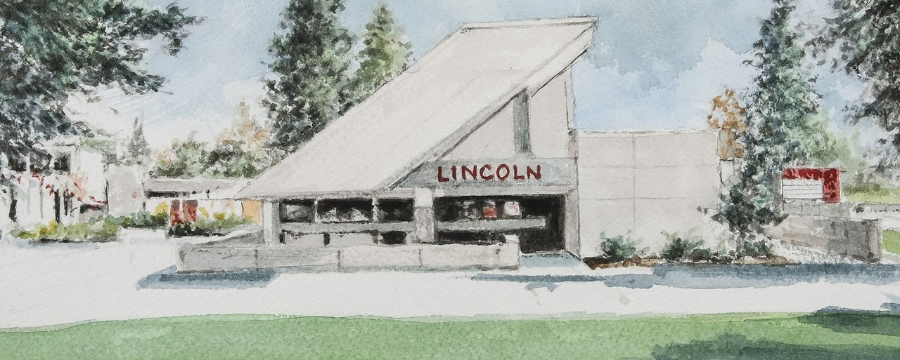 A watercolor picture of the front of Lincoln Elementary School