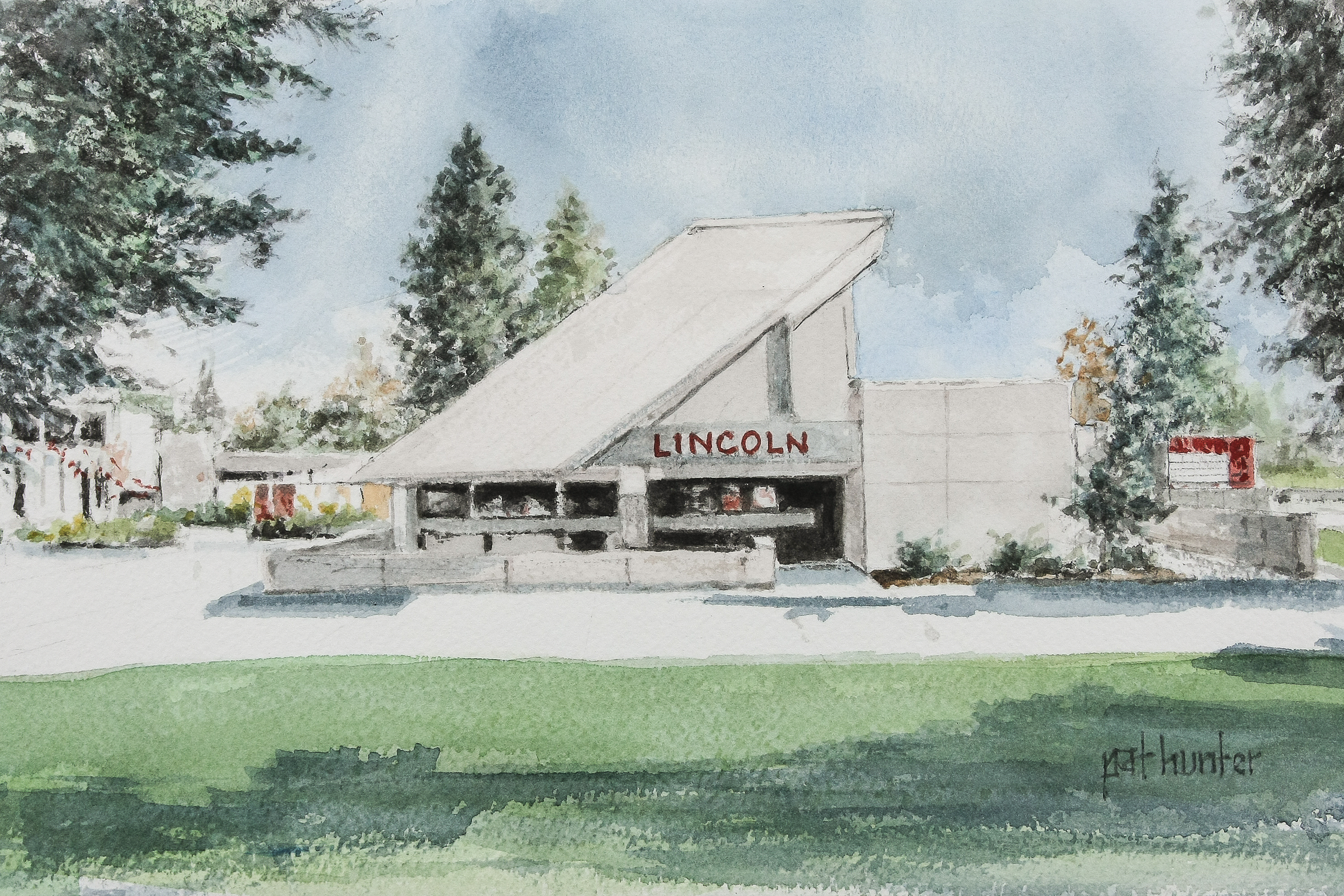 Water color portrait of the entrance to Lincoln Elementary